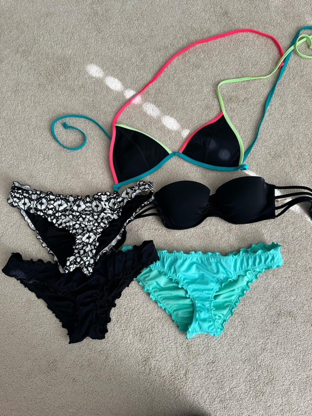 Women’s Black Bikini Top with Neon Trim and Assorted Bikini Bottoms
